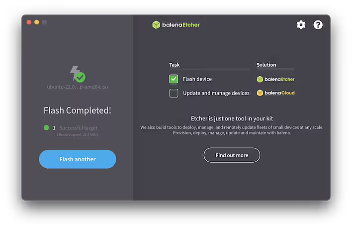 Успішний запис ISO за допомою balenaEtcher